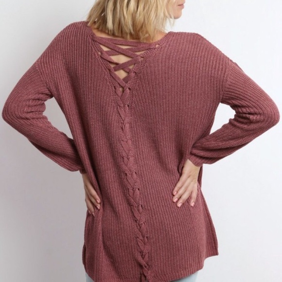 SALE! Mauve Lace Up Back Sweater - Picture 7 of 8